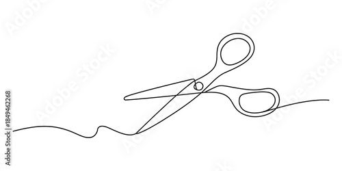 Minimalist continuous line art drawing of scissors cutting a decorative wavy line Vector, illustration