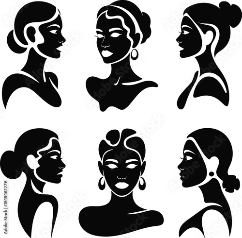 Elegant black silhouettes of diverse women s busts in profile and frontal views