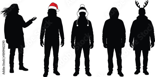 PrintSet of Five Men Silhouettes in Winter Attire, Christmas and Seasonal Outfits, Santa Hat and Reindeer Antlers, Isolated Vector Graphic Design Elements Collection, Holiday Season Theme.