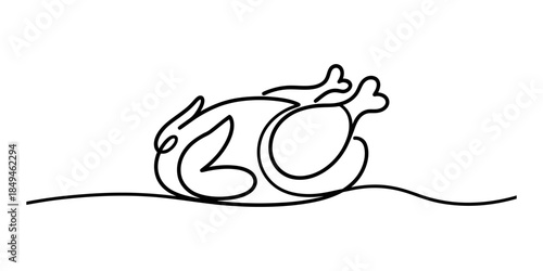 A single continuous line art drawing of a roasted chicken or turkey on a white background Vector, illustration
