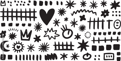 Whimsical Doodle Icon Set – Stars, Moons, Crowns, Clouds, Hearts, and Abstract Shapes for Creative Design