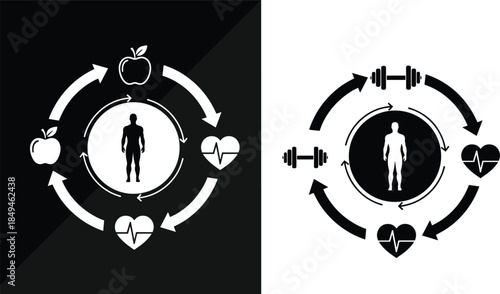 Vector Icon Set of Healthy Lifestyle Cycle Featuring Fitness Exercise Equipment Apples for Nutrition and Heart Rate Monitoring for Wellness and Healthcare
