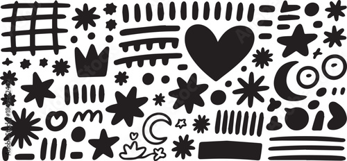Whimsical Doodle Icon Set – Stars, Moons, Crowns, Clouds, Hearts, and Abstract Shapes for Creative Design