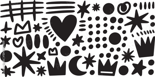 Whimsical Doodle Icon Set – Stars, Moons, Crowns, Clouds, Hearts, and Abstract Shapes for Creative Design