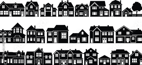 Victorian and European Terraced Houses Vector Line Art Set with Bay Windows, Arched Entryways, Detailed Facades, and Ornate Rooflines, Ideal for Historical Architecture and Cityscapes.