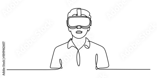 Man wearing virtual reality headset in minimalist line art style Vector, illustration