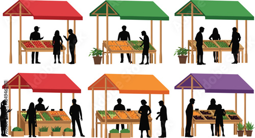 Vector Illustration Set of People Shopping at Local Farmers Market Stalls with Colorful Awnings Featuring Fresh Fruits and Vegetables on White Background