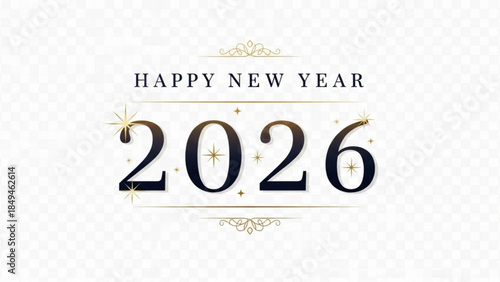 Happy new year 2026 celebration with elegant gold and black design elements on transparent