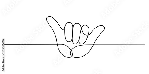 Minimalist shaka hand gesture drawn with a single continuous line Vector, illustration