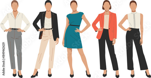 WebVector set of five professional businesswomen modeling diverse elegant and formal to smart-casual work outfits, representing corporate fashion and style.