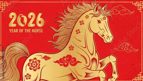 2026 year of the horse illustration with golden horse on red background and floral patterns