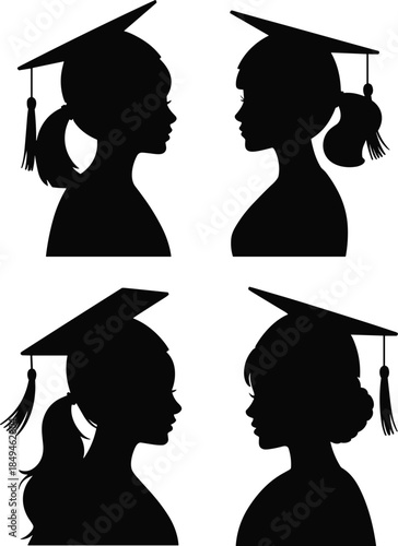 Four diverse silhouettes of graduates wearing caps and gowns in profile