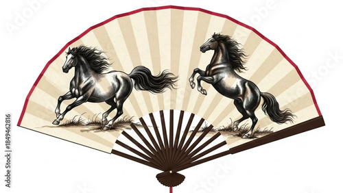 Beautiful silver horses on a traditional japanese or chinese style fan with red trim and beige