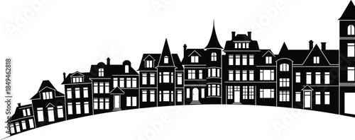 Victorian and Gothic Revival House Row Vector Illustration, Continuous Cityscape Silhouette on Hill, Historical Urban Street Skyline, Detailed Old Town Residential and Commercial Buildings.