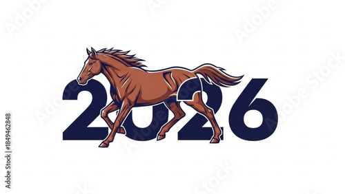Brown horse running with 2026 year in large numbers