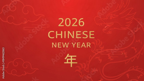 Vibrant 2026 chinese new year celebration background with dragon and clouds in gold on red