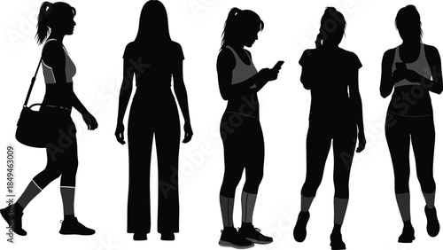 Vector Silhouette Set of Young Women in Fitness and Casual Sportswear, Walking and Using Mobile Phones for Urban Lifestyle.
