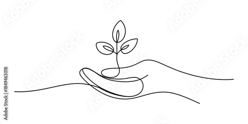 A single line drawing of a hand holding a small plant sprout Vector, illustration