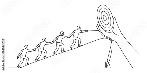 A team climbs together towards a shared goal held by a helping hand Vector, illustration