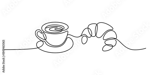 Minimalist single line drawing of coffee and croissant Vector, illustration