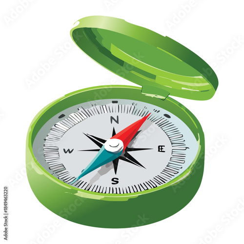 Green military style compass with an open lid for hiking navigation and wilderness orientation during mountain expeditions