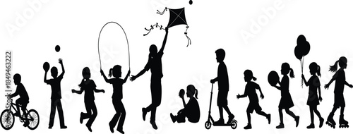 Wide Set of Black Vector Silhouettes Showing Children Engaged in Various Activities like Biking, Jumping Rope, and Playing, Ideal for Leisure and Childhood Concepts.