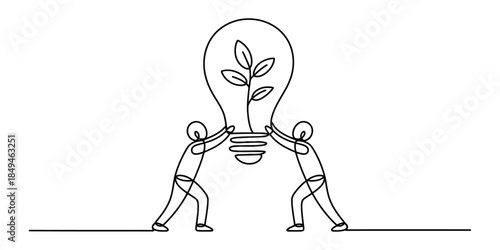 Continuous line drawing of two people holding a lightbulb with a plant, symbolizing green innovation Vector, illustration