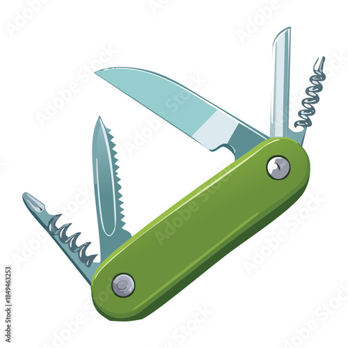 Multi functional green swiss army knife with various tools for camping survival and outdoor adventure activities illustration