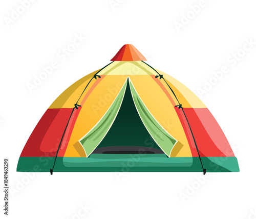 Outdoor camping tent with red yellow and green colors for adventure trip and mountain forest exploration activity