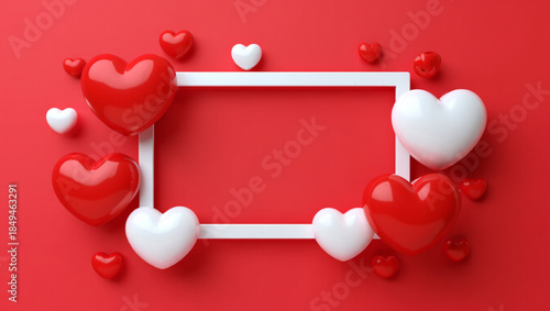 A romantic 3D background featuring a white rectangular frame surrounded by glossy red and white hearts on a vibrant red backdrop.
