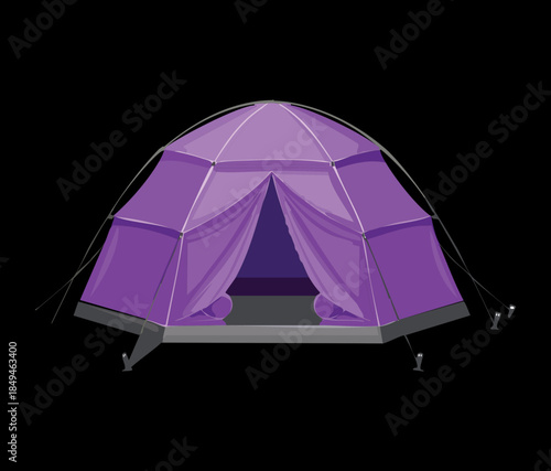 Purple camping tent for night outdoor adventure and forest hiking trip equipment vector illustration graphic design