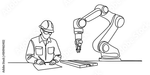 Continuous line drawing of an engineer working with an industrial robotic arm Vector, illustration