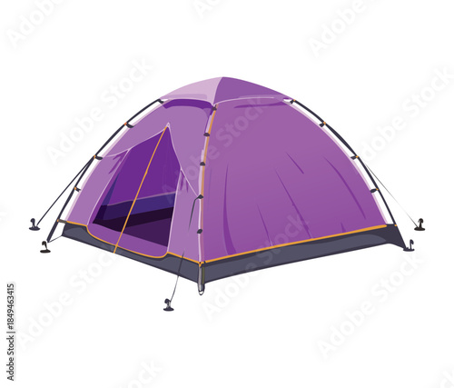 Purple camping tent vector illustration for summer beach vacation and outdoor recreation activity gear equipment design