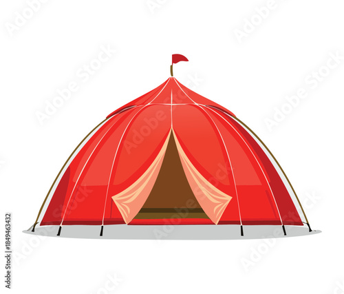 Red dome camping tent with flag for professional outdoor hiking equipment and mountain adventure travel gear