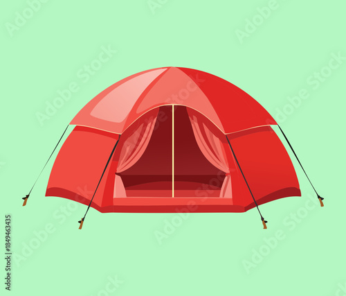 Large red family camping tent on green grass for summer hiking trip and outdoor recreation activity