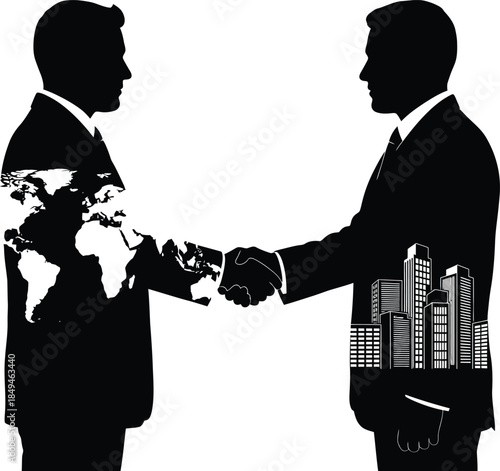 Silhouettes of two businessmen shaking hands with world map and city skyline filling their forms representing global partnership