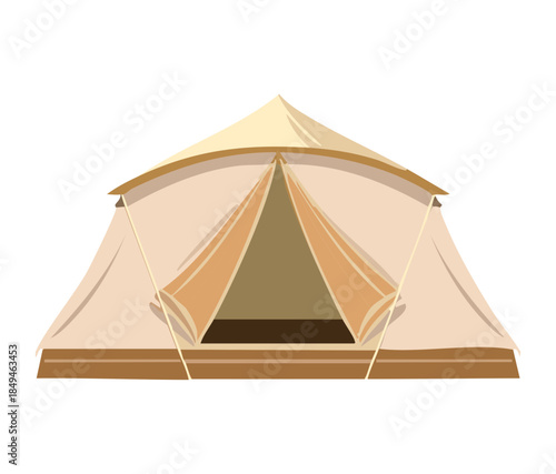 Classic tan camping tent vector illustration for professional outdoor hiking equipment and mountain adventure travel gear