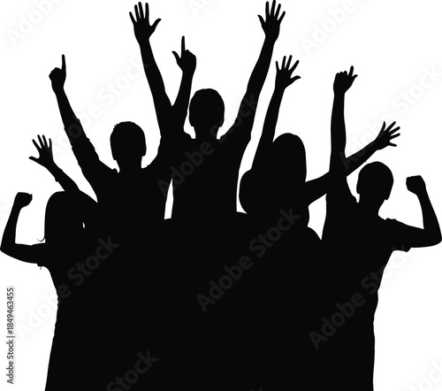 Silhouette of a cheering crowd with hands raised high in excitement celebrating a major victory or concert event