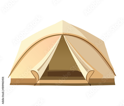 Minimalist beige outdoor camping tent for family holiday and mountain trekking gear equipment vector illustration design
