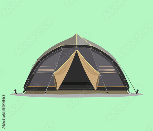 Modern black camping tent on green grass for outdoor lifestyle and mountain hiking equipment vector illustration