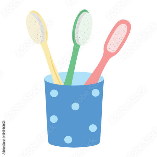 Toothbrush cup, polka dot holder. Brush cup illustration, bathroom accessory. Toothbrush holder, dental kit cup