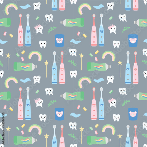 Dental health pattern, gray seamless background. Tooth and care pattern, clinic. Oral hygiene seamless background