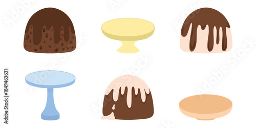 Pudding and stands, dessert set. Dessert pudding collection with stands. Puddings and serving stands, dessert icons