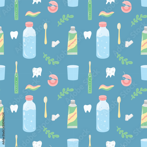 Dental health pattern, blue background. Toothpaste and brush seamless pattern, oral care tile. Pediatric dental repeat pattern, kids hygiene