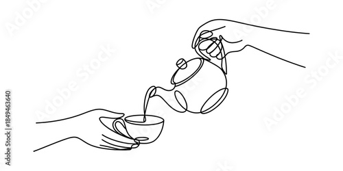 Continuous line art drawing of a hand pouring tea from a teapot into a cup held by another hand Vector, illustration