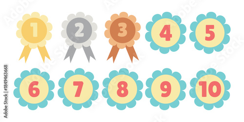 Numbered award places stickers, reward set. Prize number badges, children reward stickers. Reward places icons, 1 to 10 badge set