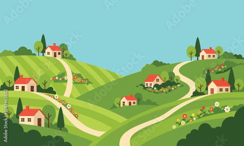 Idyllic Cartoon Village Scene with Rolling Green Hills, Cozy Houses, Winding Roads, and Colorful Flowers Amidst a Serene Natural Landscape
