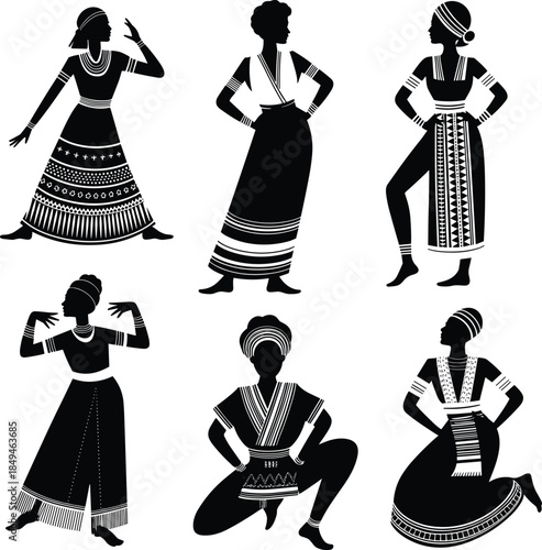 Silhouettes of african women in traditional clothing dancing and posing