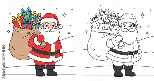 Happy cartoon Santa Claus carrying a big sack of gifts with coloring page outline. Vector illustration of character with present bag for Christmas holiday activity book and greeting card.