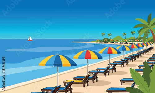 Relaxing beach scene with rows of lounge chairs and umbrellas under a clear blue sky with a sailboat on the horizon